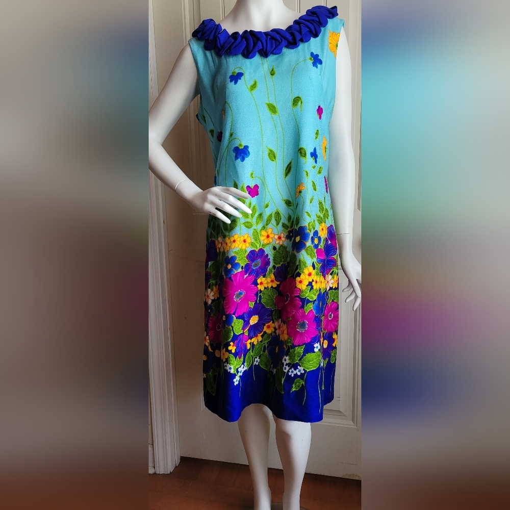Vintage 60s Dayglow Original Hawaiian Floral Blue Green Midi Dress